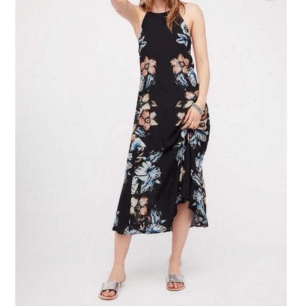 Free People Womens Black Floral Back to You Halter Racerback Midi Dress GUC #926